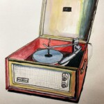 Record player, pen & acrylic ink