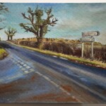 Junction near Wath, 2022, oil on canvas, 19.75" x 15.75" Road junction, signpost pointing to 'Wath', 'Carthorpe', and 'Nosterfield/Tanfield'.